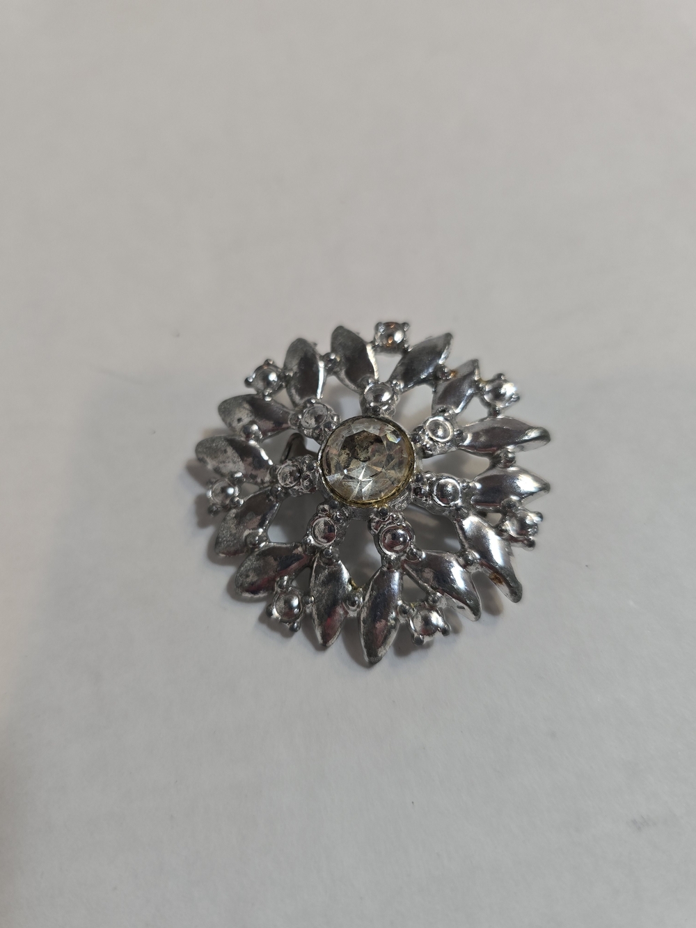 Silver Floral Rhinestone Brooch with Pale Yellow Center